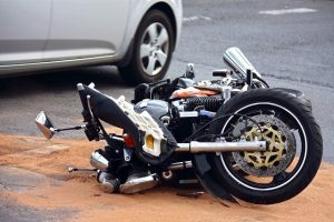A motorcycle on its side due to a collision in Santa Rosa.